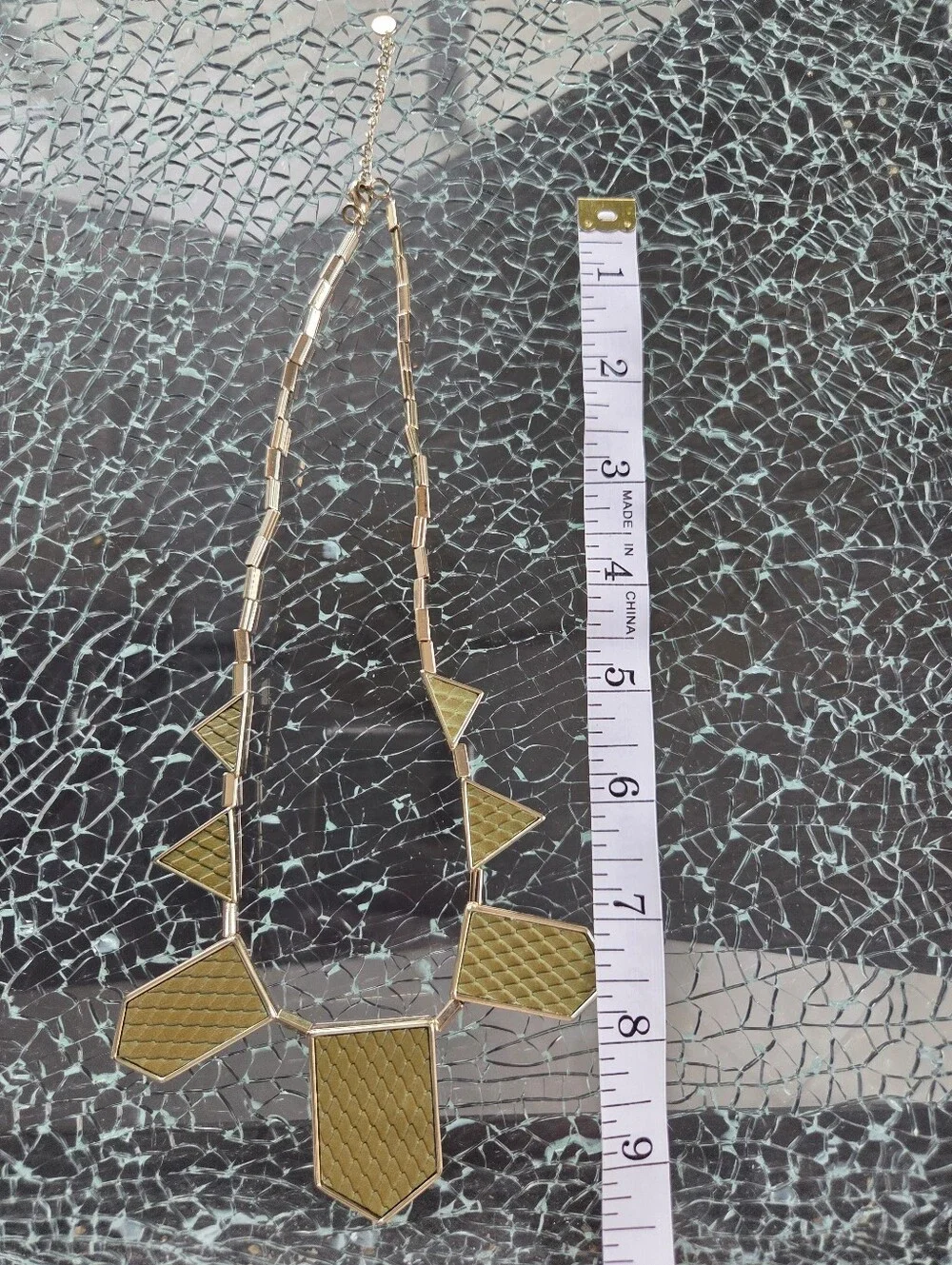 Gold Geometric Statement Necklace With Green Texture Panels - Women Jewelry